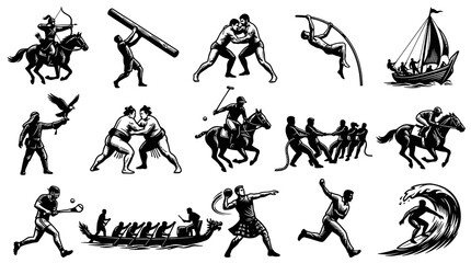 Obraz premium Black and White Line Art Collection of Diverse Sports and Athletic Activities