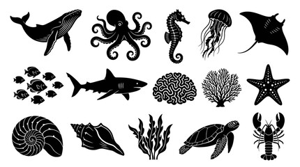 Obraz premium Black and White Vector Icons of Ocean Sea Life Animals Underwater Marine Wildlife