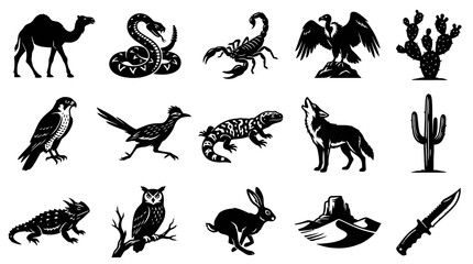 Fototapeta premium Black and White Desert Animals Vector Icons Collection