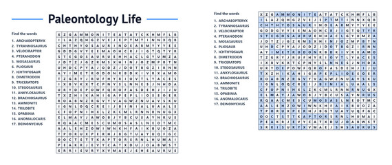 Word search puzzle with paleontology-related terms and solutions   © Andrey