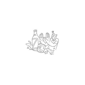 Smiling Person Refusing Alcohol with Party Hat and Splashing Drink in Minimalist Cartoon Style