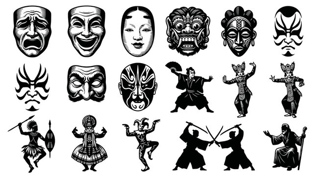 Global Cultural Performance Arts: Black  White Masks, Traditional Dancers  Theater Characters Illustration