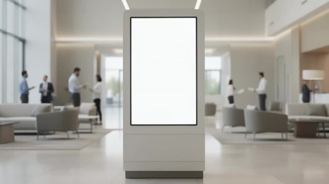 Modern office lobby walkup benefits helpdesk main kiosk screens in sharp detail with office furnishings and employees gently blurred behind emphasizing quick onsite support.
