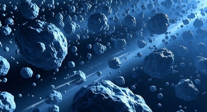 Vast asteroid belt in deep space with glowing light rays and cosmic dust. astroid belt