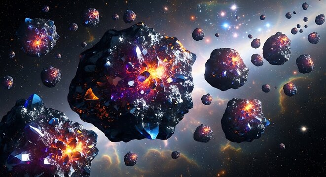 Vast asteroid belt in deep space with glowing celestial bodies and nebulae. astroid belt