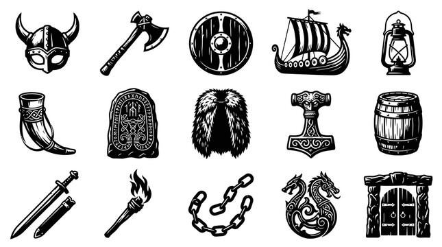 Black and White Viking Elements Collection: Norse Mythology Line Art Icon Set with Medieval Symbols