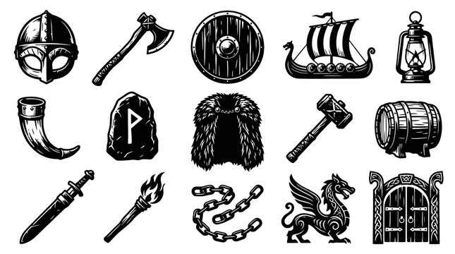 Viking Culture and Norse Mythology Elements Black  White Engraved Line Art Icons Set