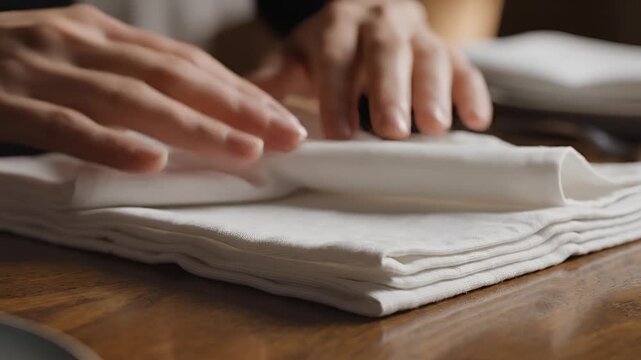 Close up of hands folding white fabric neatly on a wooden table.
