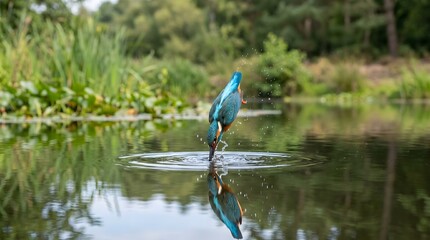 Obraz premium A bright blue kingfisher bird frozen mid-dive, just touching the surface of a perfectly still pond.