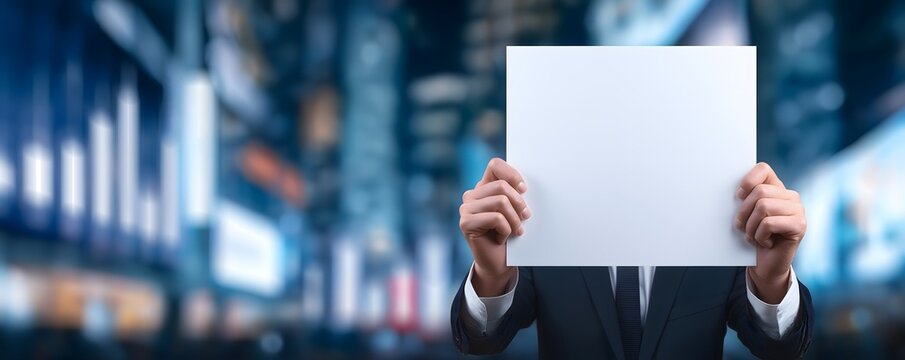 Anonymous professional man holding an empty placard for copy space, corporate business and urban lifestyle marketing concept.