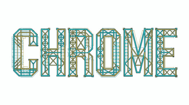 Typography spelling the word CHROME designed as a structural steel framework with teal and gold beams in a flat vector illustration style