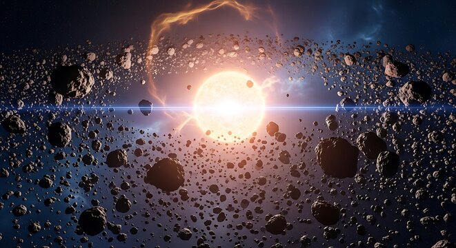 Massive asteroid impact explosion in space with debris and bright light. astroid belt