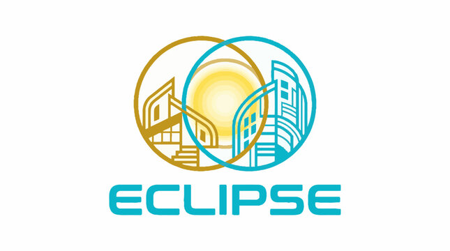Vector logo design featuring overlapping circles with stylized city buildings and a central sun icon in gold and cyan colors on a white background
