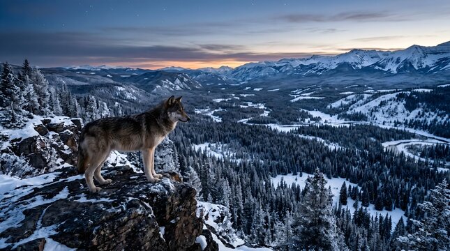A lone wolf standing on a rocky outcrop, looking out over a vast, snow-covered pine valley at twilight.