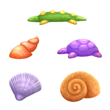 A set of watercolor illustrations of children's sand molds and shells. Hand drawn in a simple, childlike style, these illustrations are perfect for books, packaging and postcards.