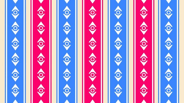 Seamless loop animation of an abstract pattern on red and blue stripes moving up and down in a continuous linear motion over a solid cream background canvas