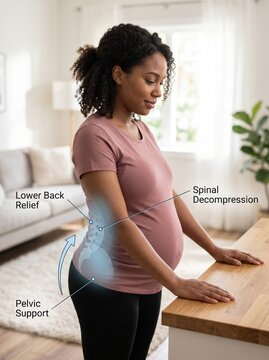 Pregnant woman performs physiotherapy exercises for lower back relief and spinal decompression with pelvic support in a living room.