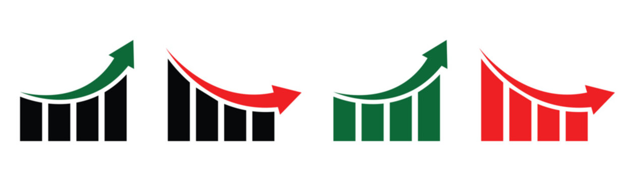 Stock increase and decrease graph chart vector icon set. Green upward arrows for gains and red downward arrows for losses.