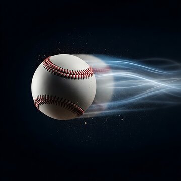 Baseball in motion with light trails against a dark background, representing speed and action. basball