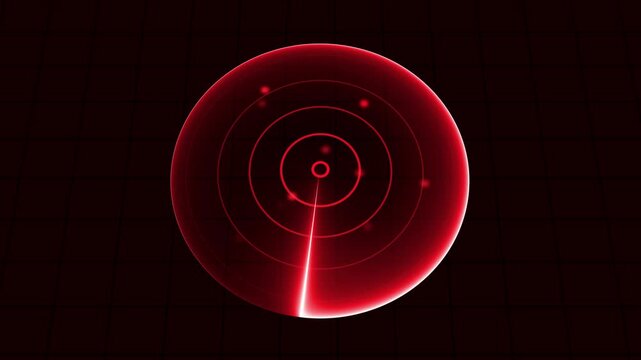 Red radar screen displaying targets with sweep line target detection scan