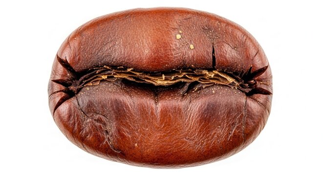 Extreme Close Up Macro Shot of a Single Roasted Coffee Bean Isolated on White Background.