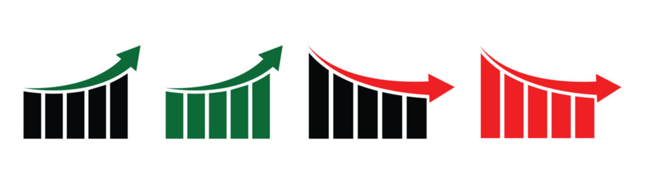  Set of stock up and down graph vector icons. Financial Chart with increase, decrease. Vector illustrator.