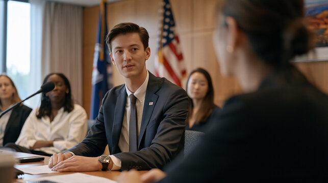 State department foreign service officer training cohort practicing consular interview protocols in mock visa application room with institutional furniture and flag display as evaluation committee o
