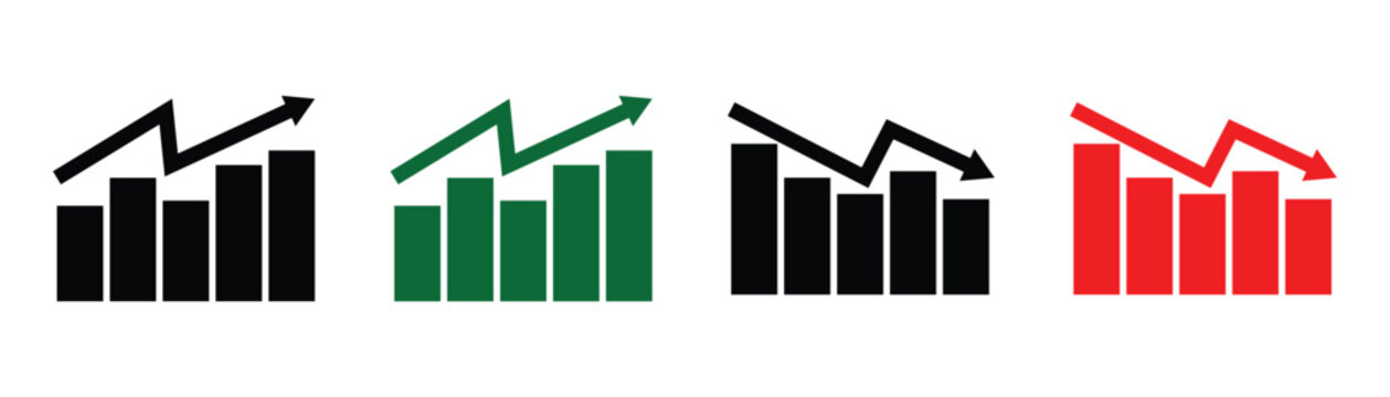 Green and red arrow vector graph charts. Stock increase and decrease icons are commonly used in trading platforms and apps. Vector art illustration.