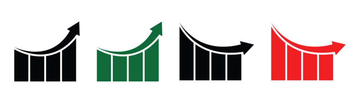 Green and red arrow vector graph charts. Stock increase and decrease icons are commonly used in trading platforms and apps. Vector art illustration.