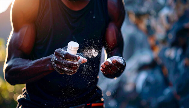 Low-angle close-up of a climber%E2%80%99s hands using a liquid chalk bottle  textured rock