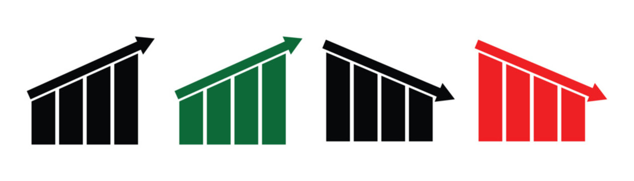 Green and red arrow vector graph charts. Stock increase and decrease icons are commonly used in trading platforms and apps. Vector art illustration.