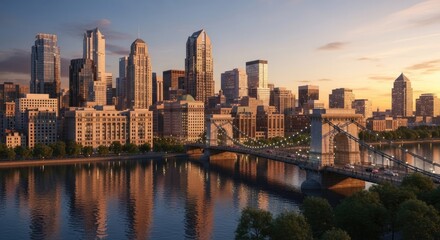 Fototapeta premium Cityscape at sunset modern skyscrapers and bridge reflecting in water
