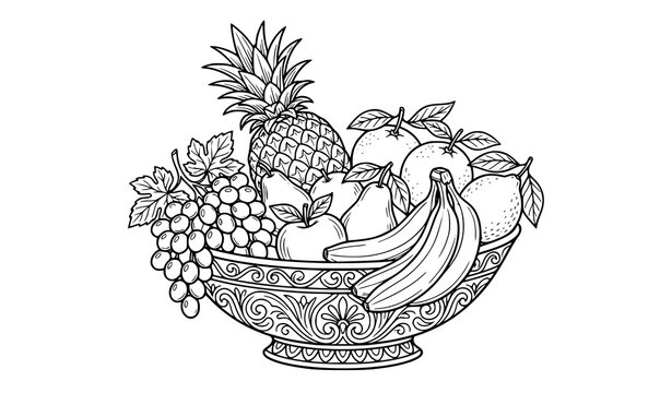 Fresh tropical fruits in a basket vector sketch line art
