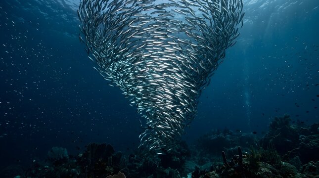 A school of thousands of silver fish swirling in a perfect, mesmerizing tornado shape in the deep ocean.