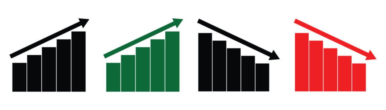Financial profit and loss graph charts on white background. Green arrow up and red down arrow symbol used in Excel, Google Sheets, or PDF scorecards to indicate profit growth and sales volume.