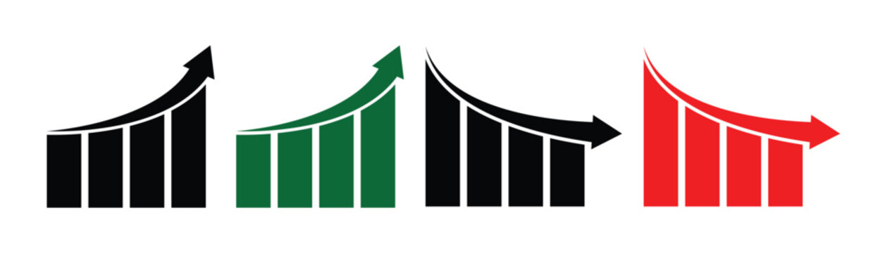 Financial profit and loss graph charts on white background. Green arrow up and red down arrow symbol used in Excel, Google Sheets, or PDF scorecards to indicate profit growth and sales volume.
