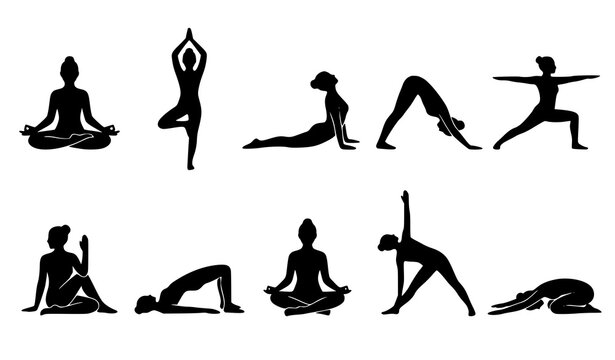 Collection of Yoga Poses and Meditation Silhouettes Vector Illustration