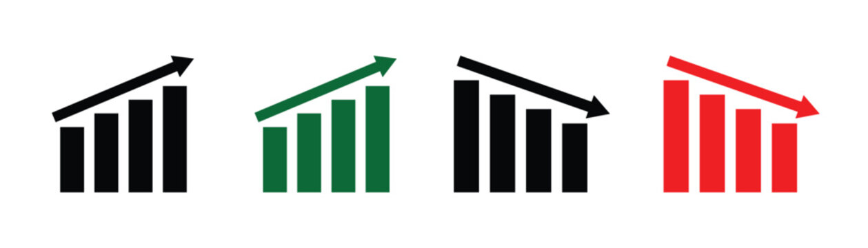  Up and down trends arrow set  in green and red color for financial reports, stock market analysis and business presentations. Vector graphic art illustration.