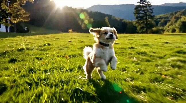 Joyful Puppy Running Through a Sunny Grassy Field in a Scenic Landscape