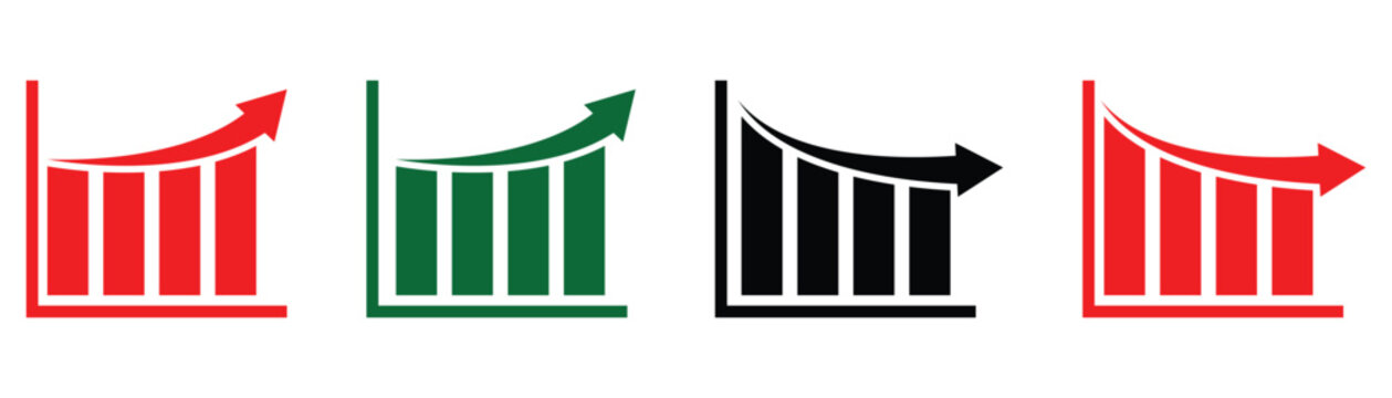 Set of financial arrows up and down. Green and red arrows. Green up arrows for signals bullish market sentiment and red down arrows for signals bearish market sentiment.