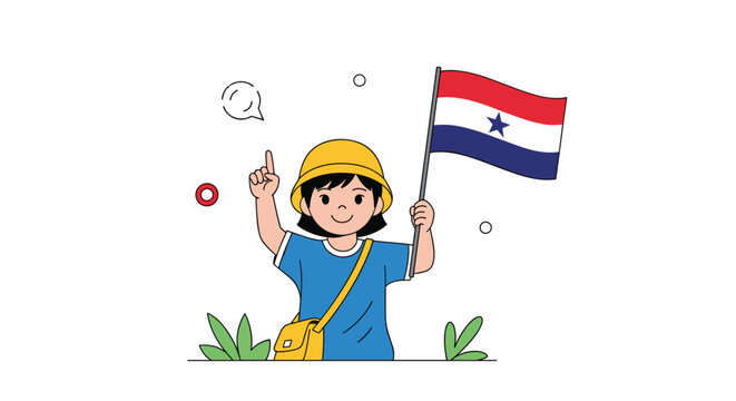 Young student in a yellow hat holding a flag of Paraguay and pointing up for a national pride and education concept.