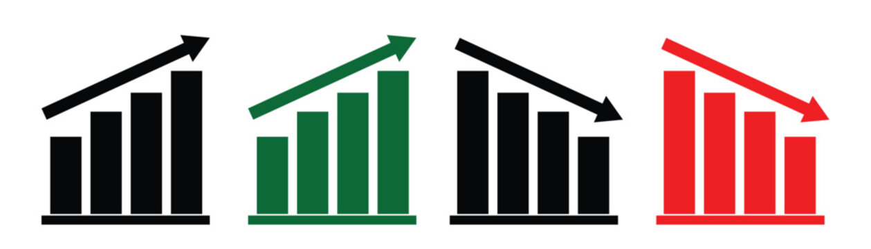 Market Up and down graph chart vector icon set on white background. Green upward arrows for gains and red downward arrows for losses.