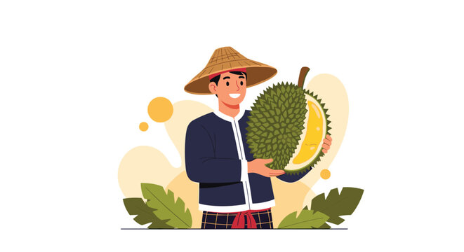 Happy male farmer wearing a traditional woven hat proudly holding a large prickly durian fruit that has been partially opened to show inside.