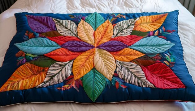 colorful quilt with leaf patterns on display showcasing intricate designs and textures