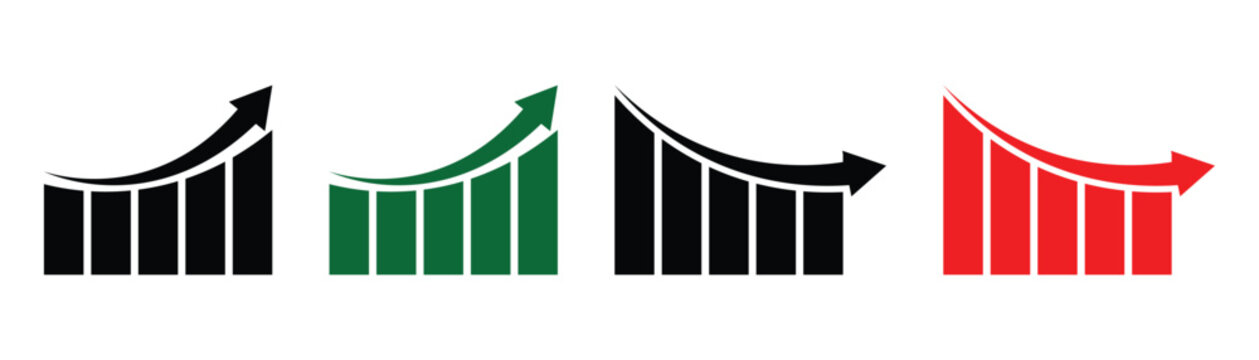 Stock up and down graph chart vector icon set on white background. Stock increase and decrease sign for growth, profit, or a price rise and decline, loss, or a price drop.