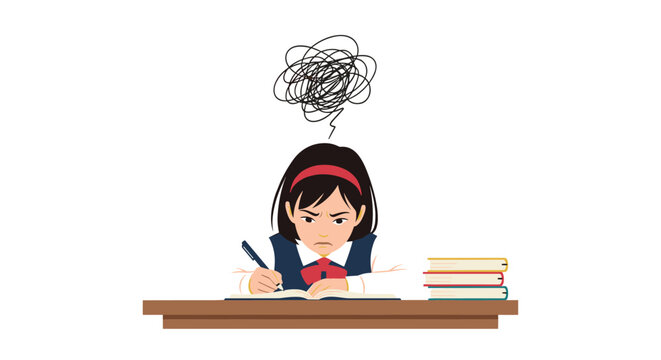 Frustrated young student sitting at a desk with a stack of books and a pencil feeling very overwhelmed by her homework or school exams.