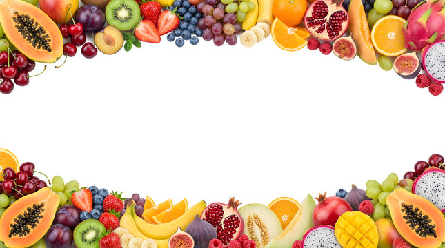 Colorful fruit border with various fresh fruits isolated on white background