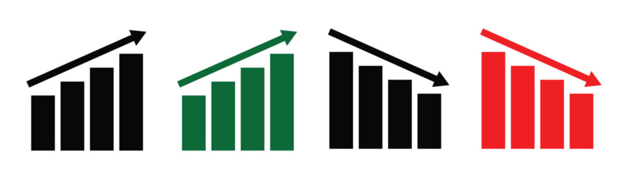 Decrease and increase bar graph trading chart indicators and volume analysis. Vector illustration up and down arrow on white background.