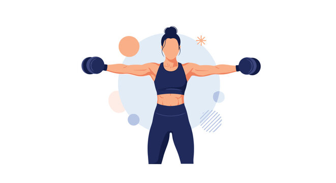 Strong athletic woman in sports apparel performs a lateral dumbbell raise exercise to build shoulder and arm muscles.