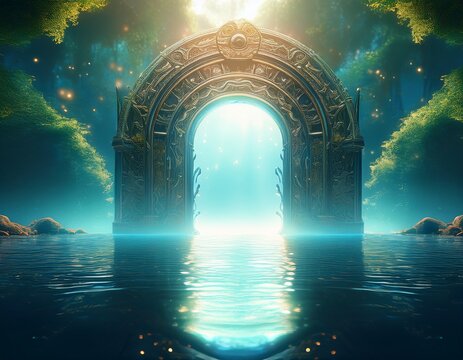 the light of evden a portal ancient gate in the middle of the waters waters in the celestial sphere of peace neverland dreamy cosmic beings surrounding in naturef 3d rendering